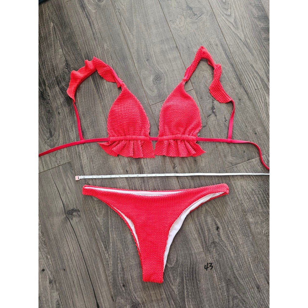 Womens sz L Red Smocked Ruffle Triangle Bikini Set Two Piece Swimsuit